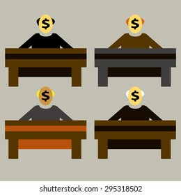 Illustration of human icons with table and dollar sign.