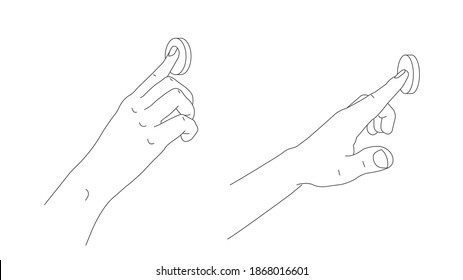 illustration of human index finger pressing round button, line hand drawn graphic, two positions from both sides of arm, isolated linear outline illustration