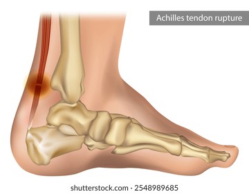 Illustration of a human leg with denominations of the bones of the foot and Achilles tendon. Anatomy of medial or side view of the foot