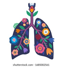 Illustration of human lungs with bright flowers and vegetation. Respiratory system. Healthy lungs. Medicine