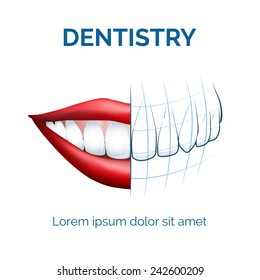 Illustration of human mouth, lips and teeth and dental tomography for your dentistry  logo etc