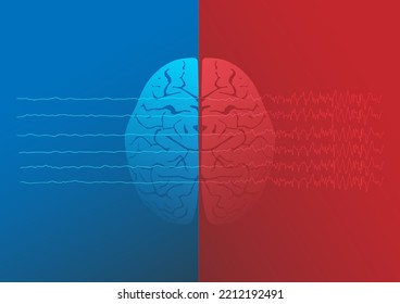 Illustration of human normal brain and epileptic brain. Brain waves of focal seizure.