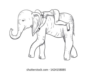 Illustration of a human on elephant in graphics. Figure black pen
