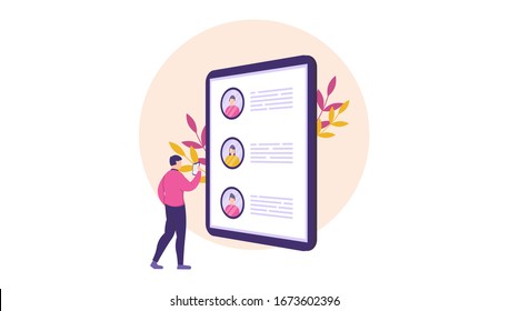 illustration of a Human Resources Development or HRD standing in front of the list of job applicants. the concept of employee recruitment. recruiting new employees. flat design