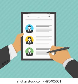 Illustration of human resources management, professional staff research. Analyzing personnel resume. CV application. Man holds a clipboard with descriptions and photographs of personnel.