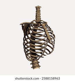 Illustration of a human ribcage and spine, showcasing detailed anatomy. The ribcage and spine are central, emphasizing skeletal structure and anatomy. Vintage animal illustration vector.