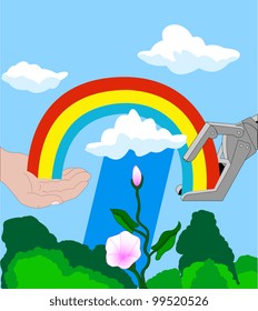Illustration of a human and a robot hands with a rainbow amidst nature