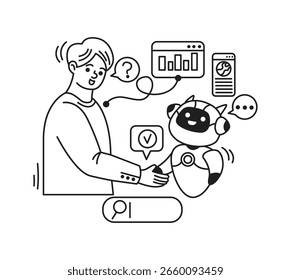 Ilustración de un humano dándose la mano con una inteligencia artificial en blanco y negro. Representa la tecnología y la comunicación. Estilo limpio y minimalista sobre un fondo liso.