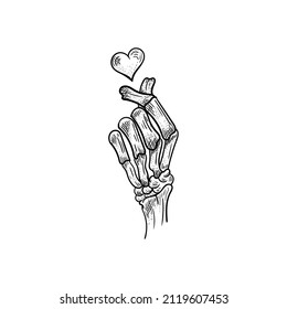 Illustration of human skeleton hand showing Korean love sign. Hand drawing of human skeleton love sign. suitable for design books, covers, t-shirts, clothes and others