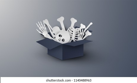 Illustration of human skeleton on Halloween. Human skeleton design in black paper box for Halloween. paper cut and craft style. vector, illustration.