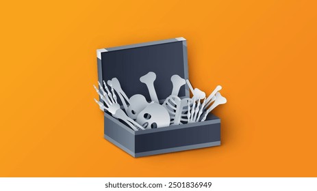 Illustration of human skeleton on Halloween. Human skeleton inside a open suitcase. paper cut and craft style. vector, illustration.