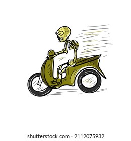 illustration of a human skeleton riding a motorcycle. hand drawn human skeleton riding a motorcycle.doodle drawing art
