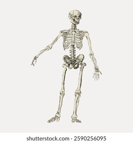 Illustration of a human skeleton, showcasing bones, anatomy, and structure. Detailed skeleton drawing, highlighting human anatomy and skeletal system. Vintage art illustration, vector.
