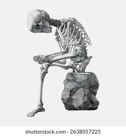 Illustration of a human skeleton sitting on a rock, deep in thought. The skeleton is detailed, showing bones and posture. A contemplative skeleton scene. Vintage art illustration vector.