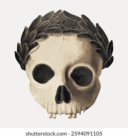 Illustration of a human skull adorned with a laurel wreath. The skull and laurel create a classic, timeless look. Skull and laurel art with a vintage feel. Vintage art illustration, vector.