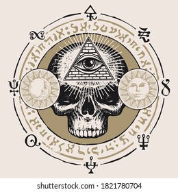 Illustration with a human skull and an all-seeing eye. Hand-drawn vector banner with Sun, Moon and cryptic signs written in a circle in retro style