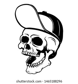 Illustration of human skull in baseball cap. Design element for poster, card, flyer, emblem, sign. Vector illustration