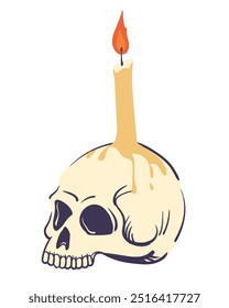 Ilustración del cráneo humano y la vela ardiente. Vector de cráneo usado como candelabro. Hueso humano para la decoración de Halloween o diseño de productos en estilo místico, atributo para los rituales mágicos de las brujas.