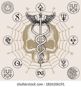Illustration with a human skull and a Caduceus with two snakes and wings. Hand-drawn vector banner with staff of Hermes, cranium, web, esoteric signs and magic symbols in retro style