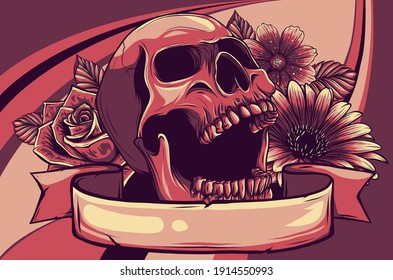 illustration Human skull with flower colore background