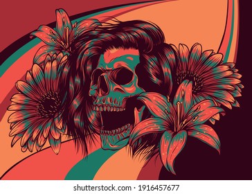 illustration Human skull with flower colore background