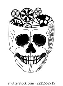 Illustration of a human skull, with gears drawn inside the skull. Illustration in white and black. Vector illustration isolated on white background
