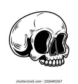 Illustration of human skull in monochrome style. Design element for poster, card, banner, emblem, sign. Vector illustration