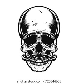 Illustration of the human skull with mustaches isolated on white background. Vector illustration
