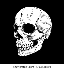 Illustration of human skull on dark background. Design element for poster, card, flyer, emblem, sign. Vector illustration