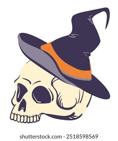 Ilustración del cráneo humano en sombrero de bruja puntiagudo. Vector estilizado cráneo y gorra mágica para la decoración de Halloween o diseño de productos en estilo místico, atributo para los rituales mágicos de las brujas.