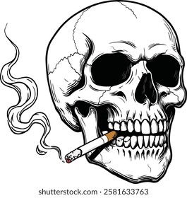 Illustration of a human skull smoking, isolated on white background