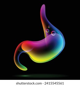 Illustration of a human stomach with multiple colors overlapping to form the shape of a stomach with digestive juices floating on a black background. Used in medicine commercial Advertising and indust