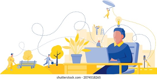 illustration in a humanistic style. solving urban problems without leaving your home. internet resource smart city. little people bring your ideas to life and solve urban problems.