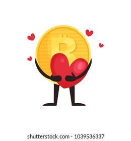 Illustration of humanized bitcoin holding red heart. Cartoon golden coin character with hands and legs. Concept of crypto currency, money, finance. Flat vector icon