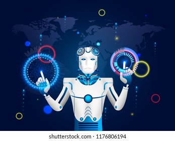 Ilustración de robots humanoides trabajando con pantalla virtual de interfaz HUD para la era de Inteligencia Artificial (AI) o concepto de realidad virtual.