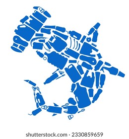 Illustration of hummerhead shark made of plastic waste icon vector illustration. Suitable for anti-sea pollution campaigns.