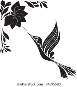 Illustration of hummingbird with flower, black-white style