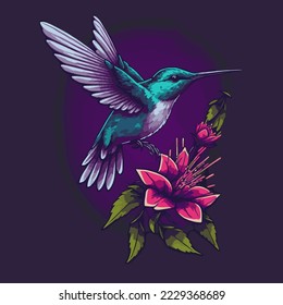 Illustration of Hummingbirds Flying Over Exotic Tropical Flower Design