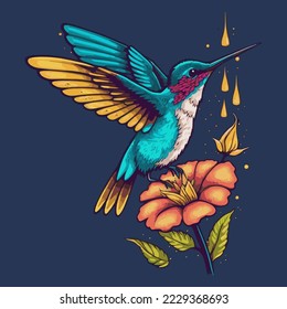 Illustration von Hummingvögeln, die über exotisches tropisches Blumendesign fliegen