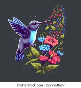 Illustration of Hummingbirds Flying Over Exotic Tropical Flower Design