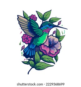 Illustration of Hummingbirds Flying Over Exotic Tropical Flower Design