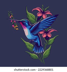 Illustration of Hummingbirds Flying Over Exotic Tropical Flower Design