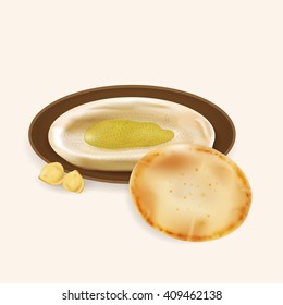  Illustration of hummus with pita bread isolated.

