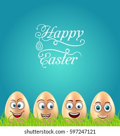 Illustration Humor Easter Card with Crazy Eggs on Grass Meadow, Greeting Nature Background - Vector