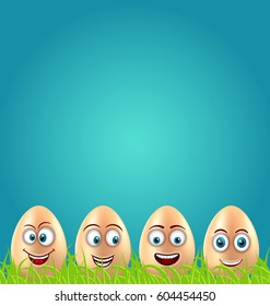 Illustration Humor Easter Card with Crazy Eggs on Grass Meadow, Greeting Nature Background - Vector