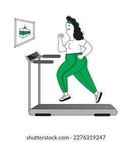 Illustration with humor, fat woman running on treadmill, looking at picture of cake