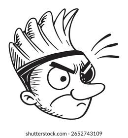 Illustration of a humorous cartoon face expressing anger, featuring a mohawk hairstyle and an eyepatch. The bold black and white drawing captures exaggerated emotions in a playful artistic style.