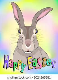 Illustration of a humorous looking Easter rabbit with big eyes, ears and whiskers on a pastel color background, with the words Happy Easter in front.