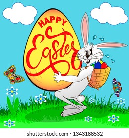 Illustration of a humorous picture on Easter. A sweaty rabbit holds an egg with a greeting.