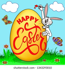 Illustration of a humorous picture on Easter. Rabbit paints an egg with a greeting in a clearing with butterflies.